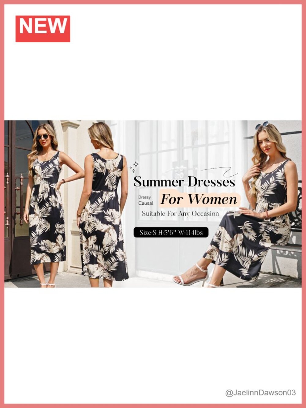Flowy Midi Sundress with Pockets Scoop Neck A-Line Casual Beach Dress - Picture 5 of 6